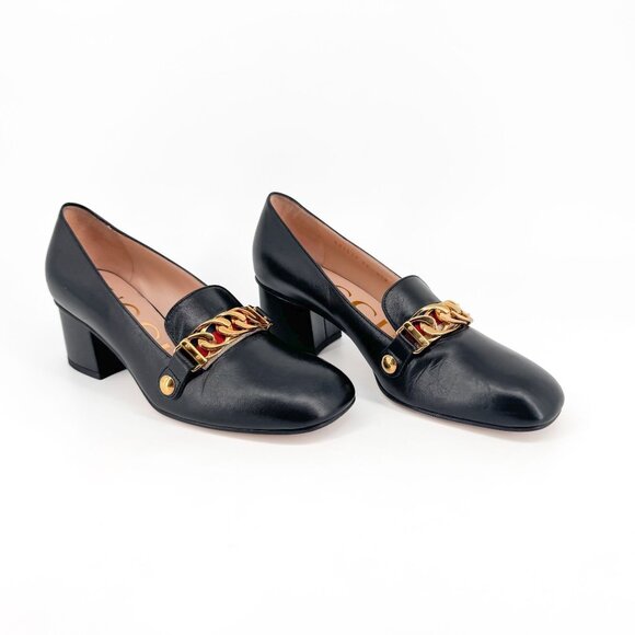 Gucci Sylvie Black Leather Chain Web Stripe Block Heel Pumps Shoes Size 37 US 7 - Picture 1 of 15